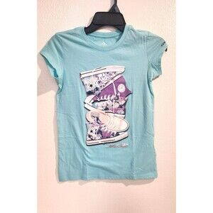 Converse All Star Girls GraphicT-Shirt-Aqua Blue-Stacked Chuck Taylor Shoes-Sz L